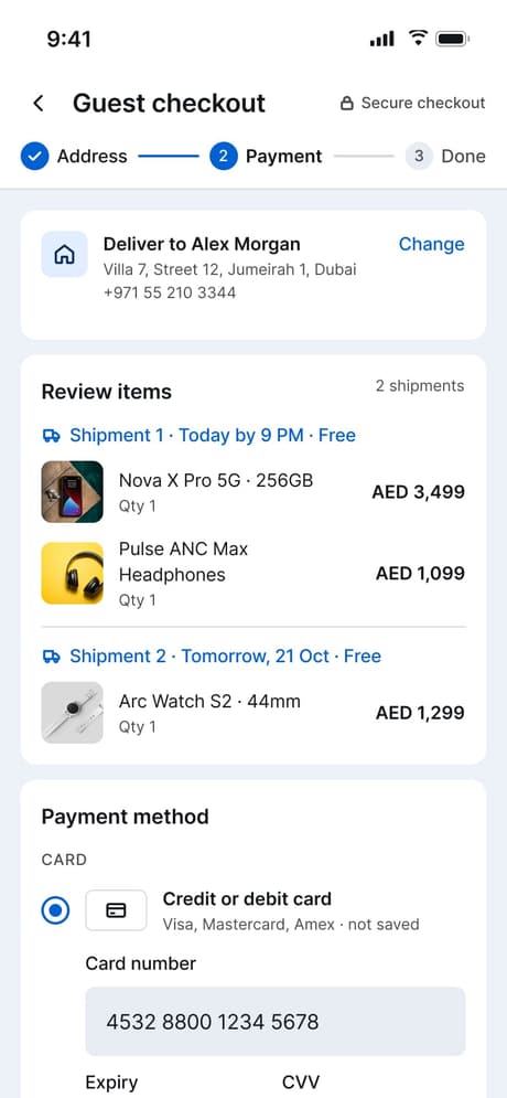 Tekvo Customer app: 38c · Guest payment