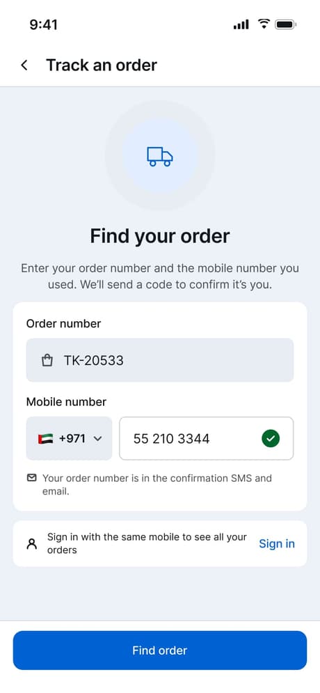 Tekvo Customer app: 38e · Track guest order