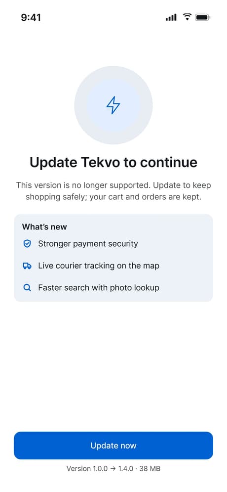 Tekvo Customer app: 41 · Force update