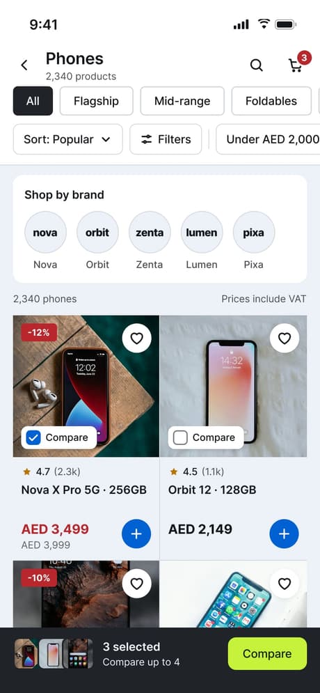 Tekvo Customer app: 42b · Product list · Compare