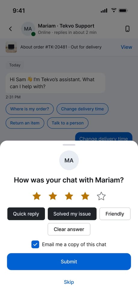 Tekvo Customer app: 44b · Chat ended