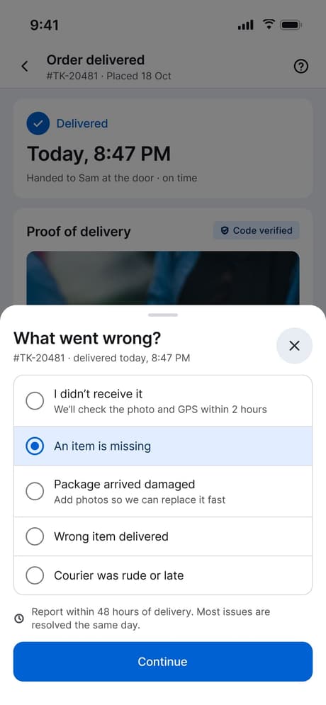 Tekvo Customer app: 45b · Report delivery problem