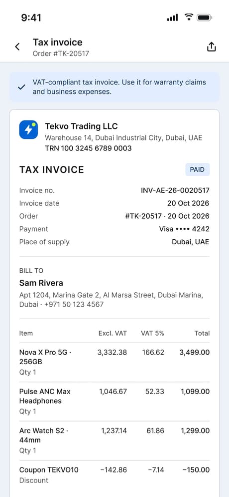 Tekvo Customer app: 46 · Tax invoice