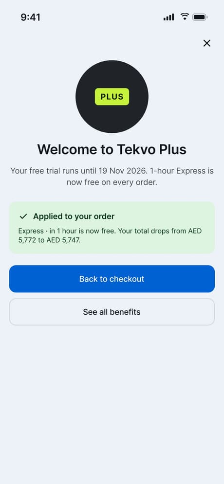 Tekvo Customer app: 47c · Welcome to Plus