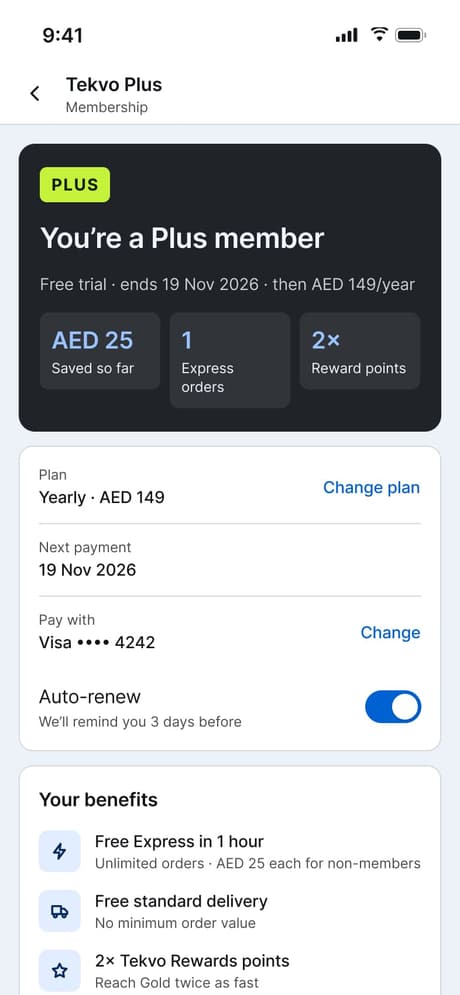Tekvo Customer app: 47d · Manage Plus