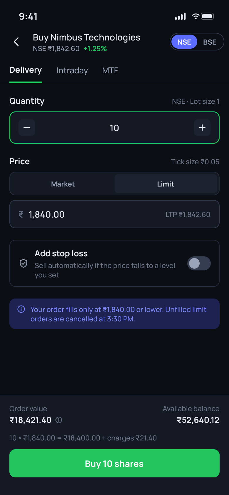 Tradewell: Buy order