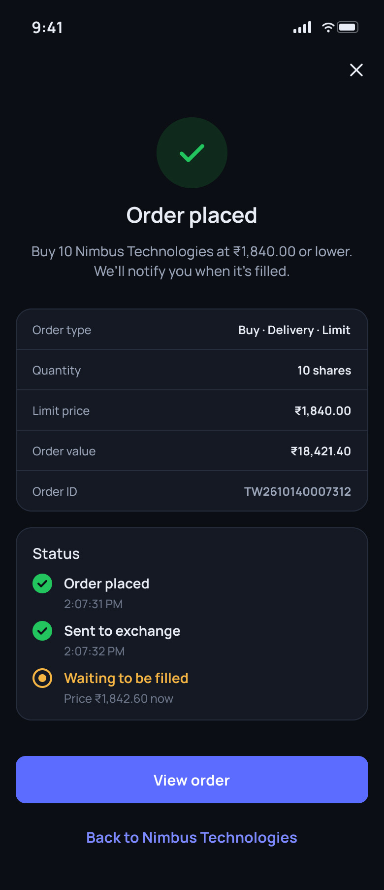 Tradewell: Order placed